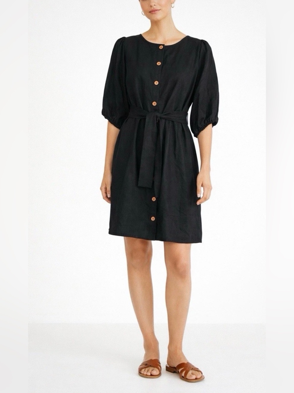 NWT Emerson Fry Linen Black Womens Minimalist Dress Button‎ Down Belt Waist Sz M